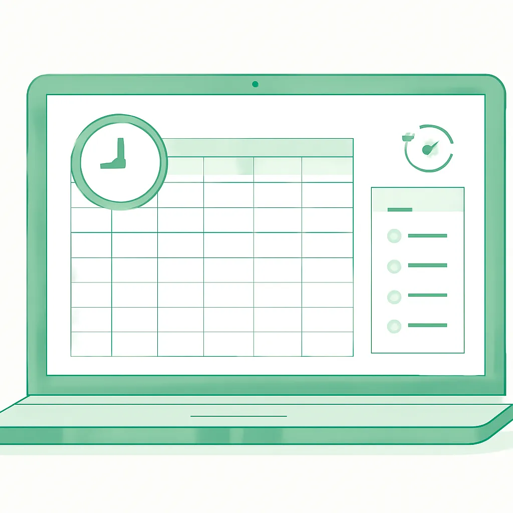 Tela de notebook com uma planilha e um painel de histórico de versões com relógio, representando a autorrecuperação do Excel