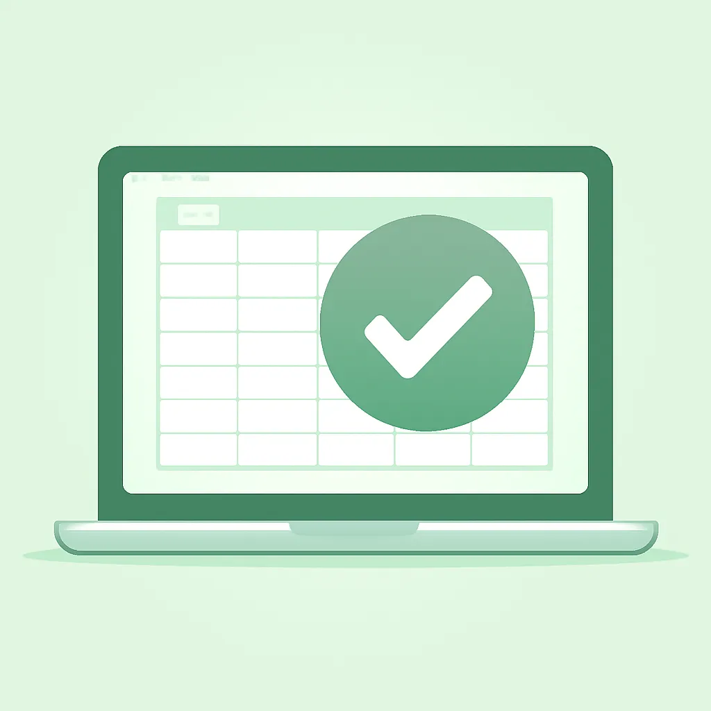 Notebook com planilha recuperada e um grande sinal de confirmação verde